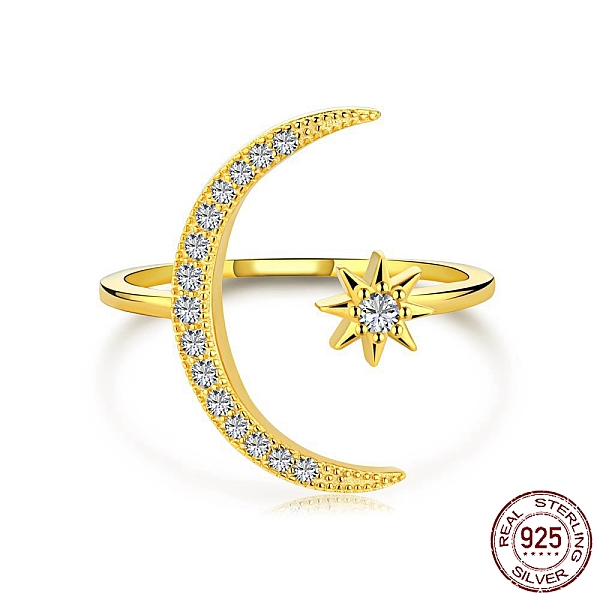 

PandaHall 925 Sterling Silver Cuff Rings, with Cubic Zirconia for Women, Moon & Star Ring, Real 18K Gold Plated, 1mm, US Size 7(17.3mm)..., Clear
