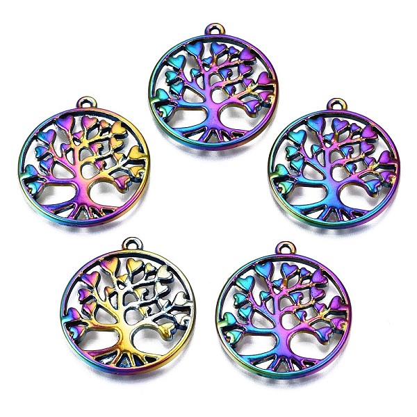 

PandaHall Alloy Pendants, Cadmium Free & Nickel Free & Lead Free, Flat Round with Tree, Rainbow Color, 27x24.5x3mm, Hole: 1.4mm Alloy Tree