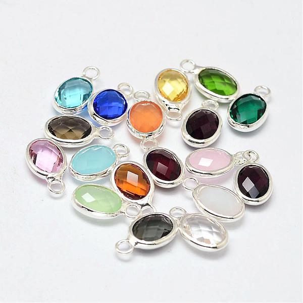 

PandaHall Oval Faceted Silver Color Plated Brass Glass Charms, Mixed Color, 12x7x3.5mm, Hole: 1mm Brass+Glass Oval Multicolor