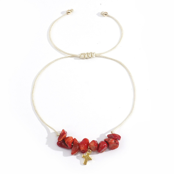 Pulseras De Cuentas Trenzadas De Jaspe Rojo Natural Con Forma De Cruz De Estilo Bohemio Para Mujer