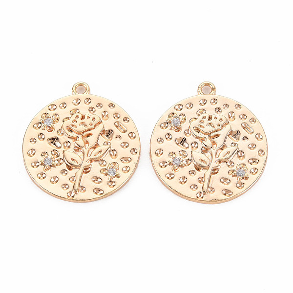 

PandaHall Brass Micro Pave Clear Cubic Zirconia Pendants, Nickel Free, Flat Round with Rose, Real 18K Gold Plated, 22x20x2mm, Hole: 1.5mm...