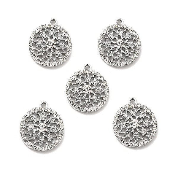 

PandaHall Alloy Rhinestone Pendants, Platinum Tone Hollow Out Flat Round with Flower Charms, Crystal, 22.5x19.5x5mm, Hole: 2mm..., Clear