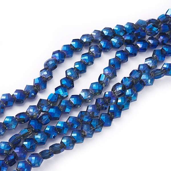 

PandaHall Electroplate Glass Beads Strands, Full Rainbow Plated, Faceted, Hexagon, Blue, 5x6x4mm, Hole: 1.2mm, about 99pcs/strand, 19.2 inch...
