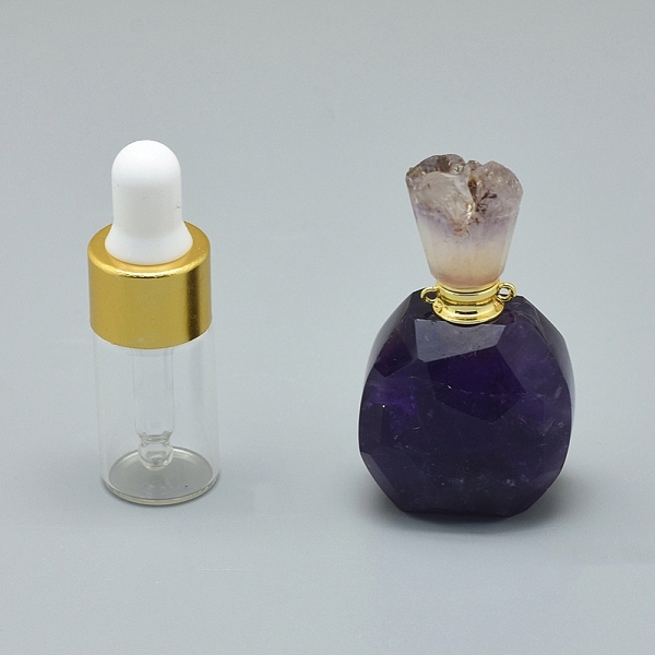 PandaHall Natural Amethyst Openable Perfume Bottle Pendants, with Brass Findings and Glass Essential Oil Bottles, 39~50x26~29x16~21mm, Hole...