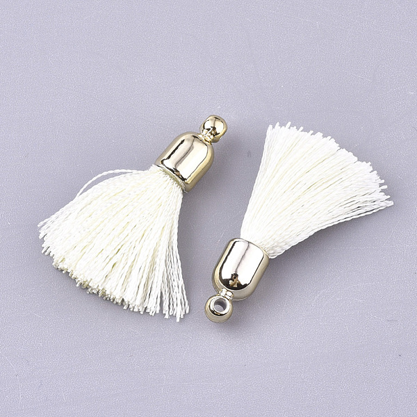 

PandaHall Polyester Tassel Pendant Decorations, with CCB Plastic Findings, Light Gold, Cornsilk, 25~30x6mm, Hole: 1.5mm Polyester Gold