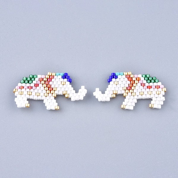 

PandaHall Handmade Seed Beads Pendants, with Elastic Thread, Loom Pattern, Elephant, Colorful, 16~16.5x30x1.5mm Glass Elephant White