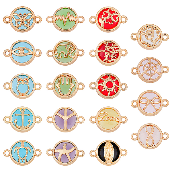 

PandaHall DICOSMETIC 38pcs 19 styles Glass Connector Charms, Flat Round Links, with Light Gold Plated Alloy Findings, Mixed Color..., Multicolor