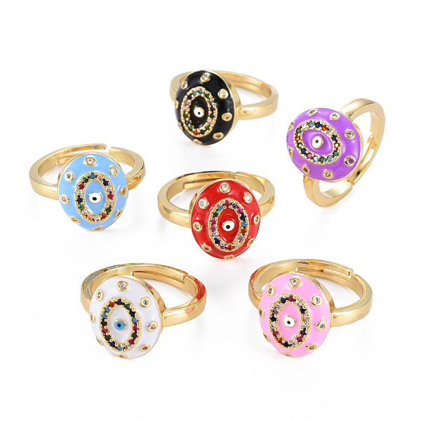 

PandaHall Adjustable Brass Micro Pave Colorful Cubic Zirconia Finger Rings, with Enamel, Nickel Free, Oval with Evil Eyel, Real 16K Gold..., Multicolor