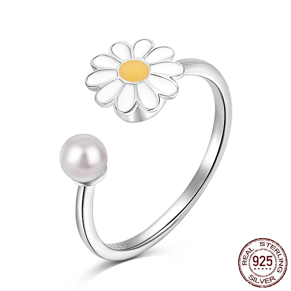 PandaHall Rhodium Plated 925 Sterling Silver Open Finger Rings, with Enamel & 925 Stamp for Women, Daisy Flower Anxiety Worry Fidget Spinner...