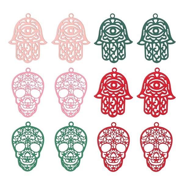 

PandaHall 36Pcs 2 Style 430 Stainless Steel Filigree Pendants, Spray Painted, Etched Metal Embellishments, Skull & Hamsa Hand/Hand of Miriam..., Multicolor