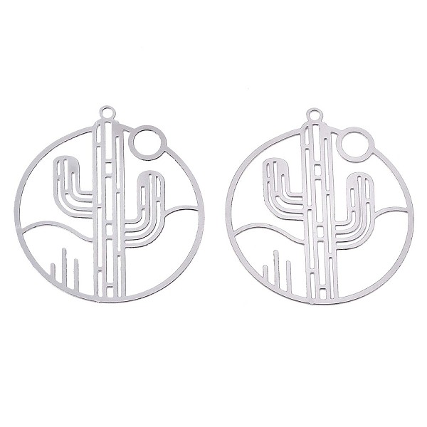 

PandaHall 201 Stainless Steel Filigree Pendants, Etched Metal Embellishments, Ring with Cactus, Stainless Steel Color, 33x30x0.3mm, Hole...