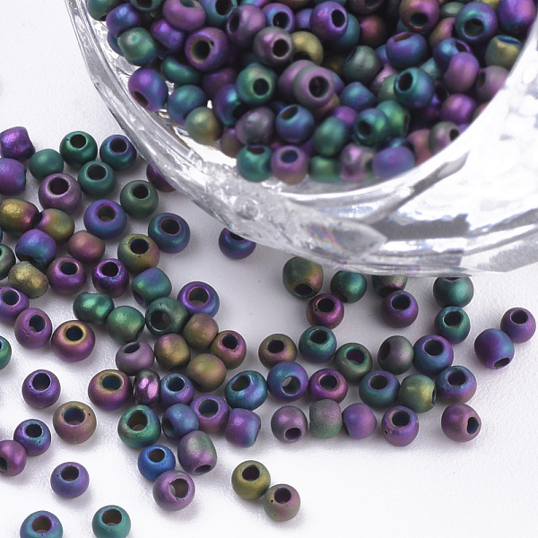 

PandaHall Glass Seed Beads, Frosted Style, Metallic, Round, Colorful, 2.3x1.5mm, Hole: 0.8mm, about 30000pcs/bag, about 450g/bag Glass