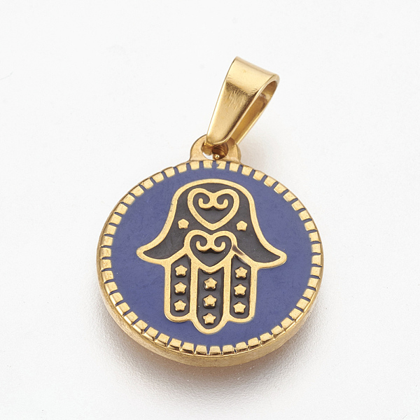

PandaHall 304 Stainless Steel Enamel Pendants, Flat Round with Hamsa Hand/Hand of Fatima /Hand of Miriam, Royal Blue, 20x17x2mm, Hole: 4x6mm...