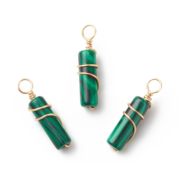 

PandaHall Synthetic Malachite Pendants, with Golden Tone Copper Wire Wrapped, Column Charm, 18.5~20x5~5.5mm, Hole: 2.5mm Malachite Column