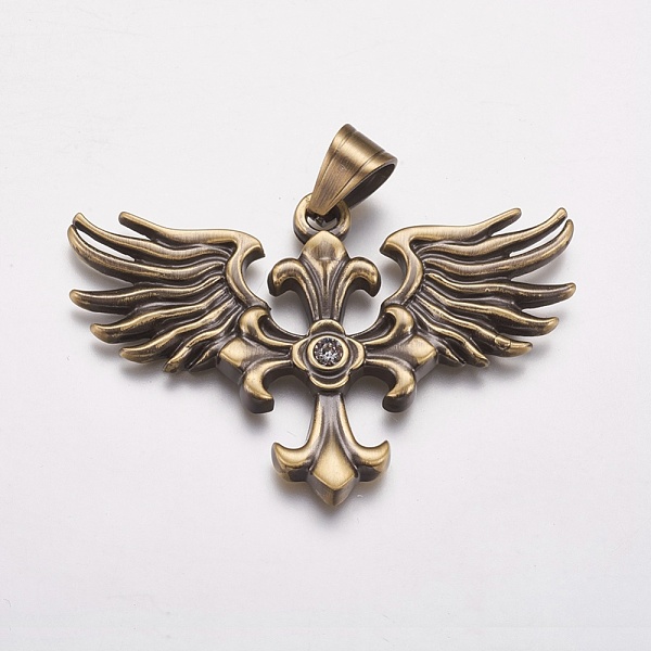 

PandaHall 304 Stainless Steel Big Pendants, with Rhinestone, Wing with Cross, Crystal, Antique Bronze, 58x38x4mm, Hole: 7x9mm Stainless..., Clear