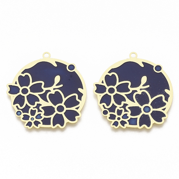 

PandaHall Brass Enamel Pendants, Etched Metal Embellishments, Matte Gold Color, Flat Round with Flower, Midnight Blue, 32x30x0.3mm, Hole...