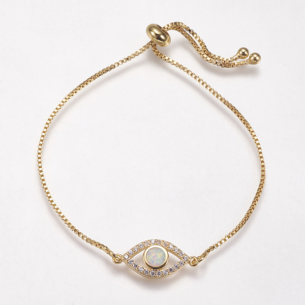 

PandaHall Adjustable Brass Bolo Bracelets, Slider Bracelets, with Synthetic Opal and Cubic Zirconia, Eye, Golden, White, 8-3/4 inch(222mm)...