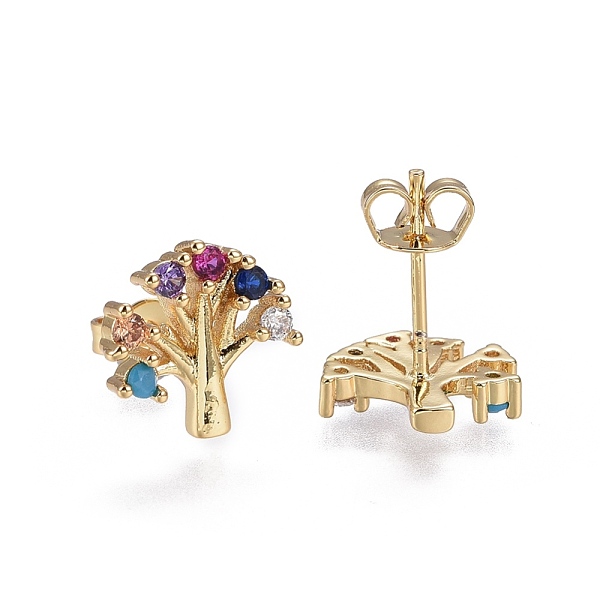 

PandaHall Brass Micro Pave Cubic Zirconia Stud Earrings, Tree, Golden, Colorful, 11.2x11.7x2.8mm, Pin: 0.7mm Cubic Zirconia