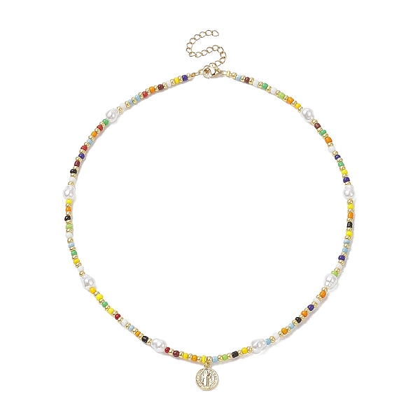 

PandaHall Brass Saint Benedict Pendant Necklace, Glass Seed & Acrylic Pearl Beaded Necklace for Women, Colorful, 17.36 inch(44.1cm) Brass