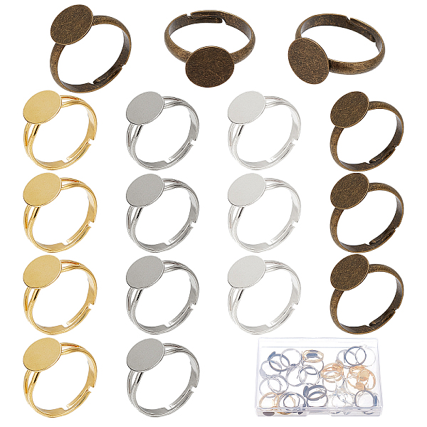 

PandaHall SUNNYCLUE 1 Box 52Pcs 4 Color Adjustable Ring Base Blank Rings Flat 10mm Finger Ring Blanks Setting Gold Silver Cabochon Bezel...