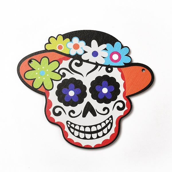 

PandaHall Single Face Printed Wood Big Pendants, Halloween Charms, Skull, 130x150x4mm, Hole: 4mm Wood Skull