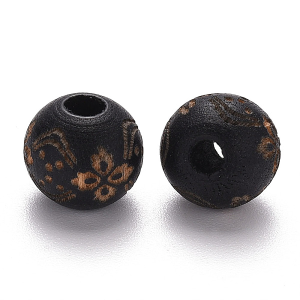 

PandaHall Painted Natural Wood Beads, Laser Engraved Pattern, Round with Flower Pattern, Black, 10x9mm, Hole: 3mm Wood Round Black