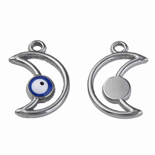 

PandaHall 304 Stainless Steel Enamel Pendants, Moon with Evil Eye, Stainless Steel Color, Dark Blue, 18x12x3mm, Hole: 1.6mm Stainless...