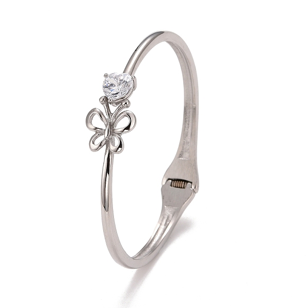 

PandaHall Clear Cubic Zirconia Heart Butterfly Cuff Bangle, 304 Stainless Steel Hinged Open Bangle for Women, Stainless Steel Color, Inner...