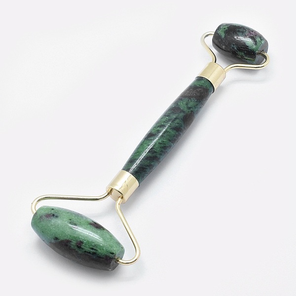 PandaHall Natural Ruby in Zoisite Brass Face Massager, Facial Rollers, Golden, 146~150x54~58x19~22mm Ruby in Zoisite Others