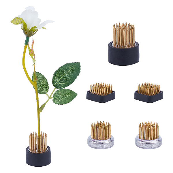 

PandaHall 5 pcs 3 Sizes Mini Ikebana Flower Holder, Square/Round Floral Arranging Pin Frog Spiky Frog Fixed Holder Tools for Plants Brass