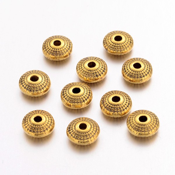 

PandaHall Tibetan Style Alloy Spacer Beads, Flat Round, Lead Free and Cadmium Free, Antique Golden, 8x4mm, Hole: 1.5mm Alloy Flat Round