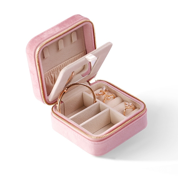 

PandaHall 2-Tier Square Velvet Jewelry Storage Zipper Boxes with Mirror Inside, Portable Travel Jewelry Organizer Case for Rings, Earrings..., Pink