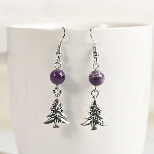 

PandaHall Natural Amethyst Dangle Earrings, Alloy Christmas Tree Jewelry for Women, 53x8mm Amethyst Christmas Tree