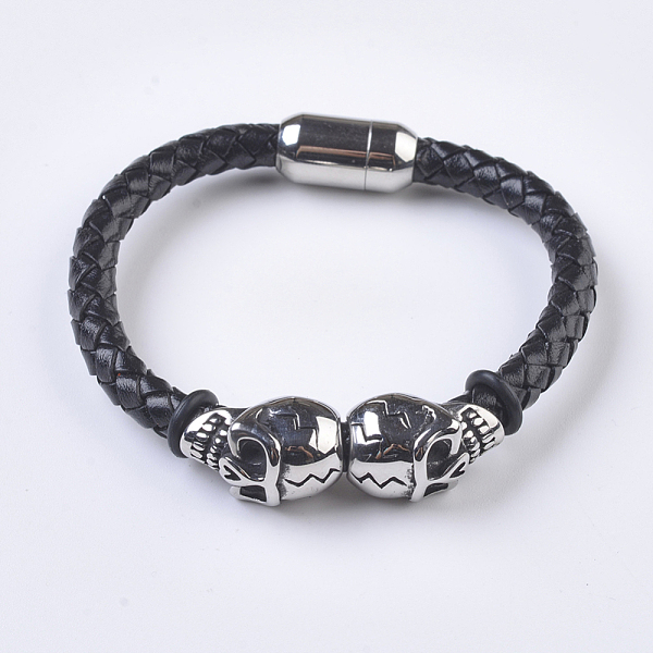 

PandaHall Men's Braided Leather Cord Bracelets, with 304 Stainless Steel Findings and Magnetic Clasps, Skull, Black, 7-5/8 inch(195mm)...