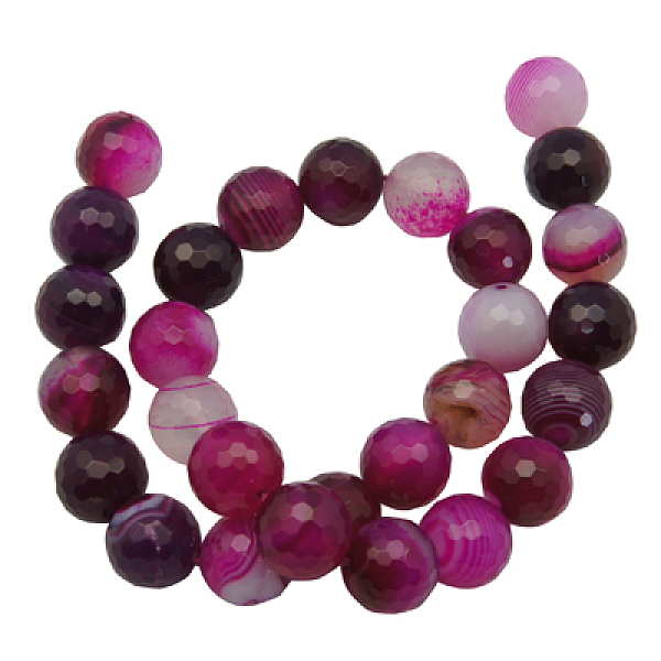 

PandaHall Natural Striped Agate/Banded Agate Beads, Dyed, Faceted, Round, Fuchsia, Size: about 10mm in diameter, hole: 1mm, 35pcs/strand..., Pink