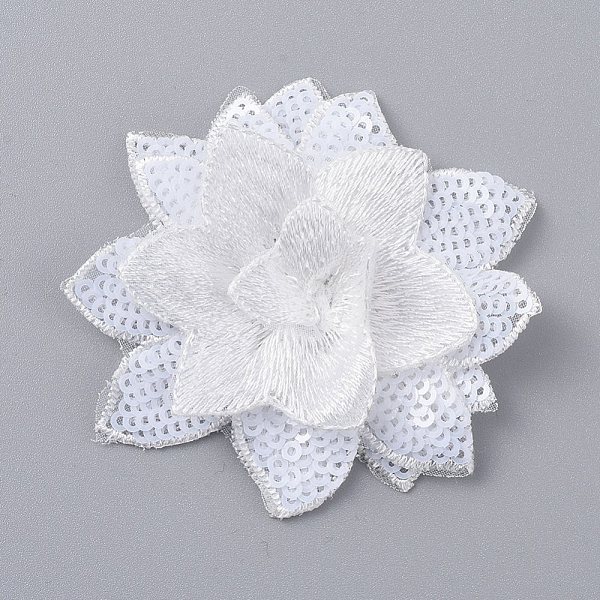 PandaHall Lace Embroidery Costume Accessories, Applique Patch, Sewing Craft Decoration, with Sequins, Flower, White, 70x7mm Cloth Flower...