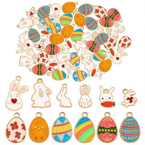 

PandaHall 60Pcs 12 Style Alloy Enamel Pendants, Golden, Easter Egg & Rabbit with Radish, Mixed Color, 13.5~25x9~15x1~1.5mm, Hole: 1.4~2mm..., Multicolor