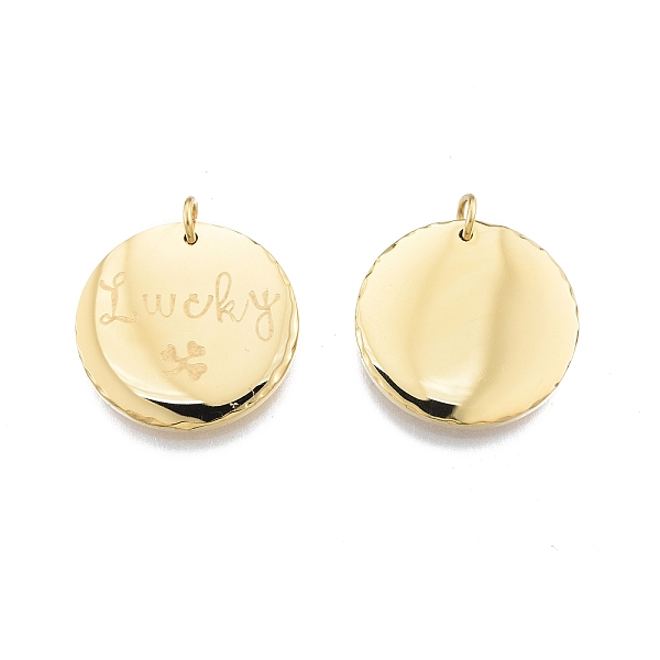 

PandaHall Ion Plating(IP) 304 Stainless Steel Pendants, with Jump Ring, Flat Round with Word Lucky, Real 14K Gold Plated, 24.5x2.5mm, Jump...