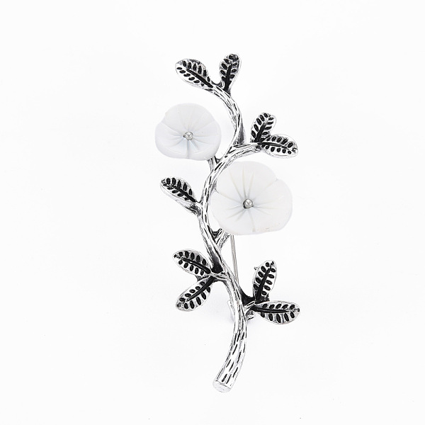 

PandaHall Branch and Flower Natural Shell Brooch Pin, Alloy with Rhinestone Lapel Pin for Backpack Clothing, Lead Free & Cadmium Free..., White
