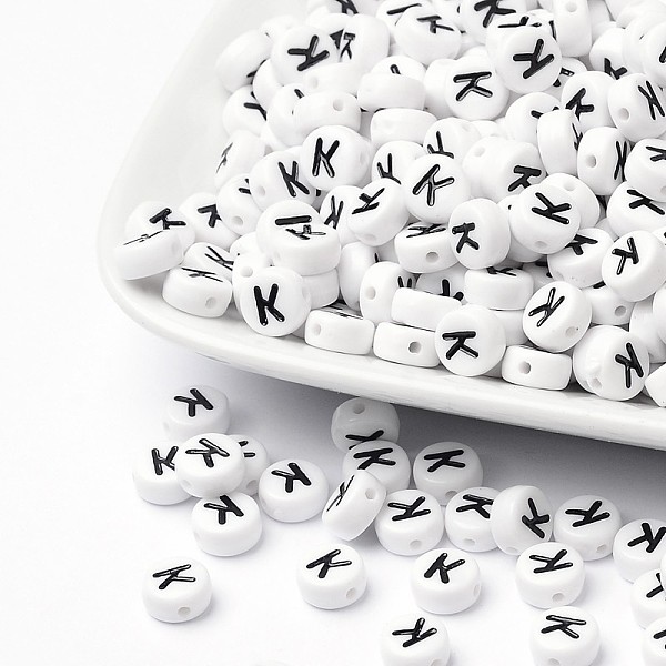 

PandaHall Acrylic Beads, with Horizontal Hole, Letter, Flat Round, Letter.K, 7x4mm, Hole: 1mm, about 146pcs/20g Acrylic Flat Round White