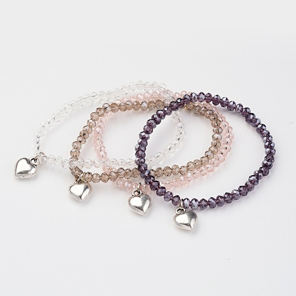 

PandaHall Glass Beads Stretch Bracelets, with Alloy Heart Charms, Mixed Color, 41mm(1-5/8 inch) Glass Multicolor