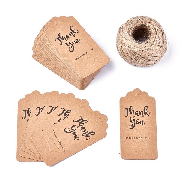 

PandaHall Paper Gift Tags, Hang Tags, with Jute Twine, for Wedding Thanksgiving, Rectangle with Word Thank You for Celebrating with Us..., Orange
