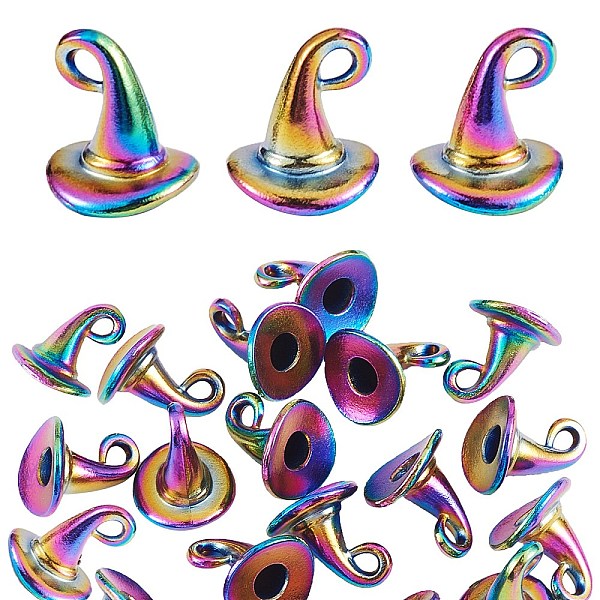 

PandaHall Alloy Pendant, Witch Hat, Rainbow Color, 11x11x11mm, Half Hole: 3mm, 20pcs/box Alloy Hat