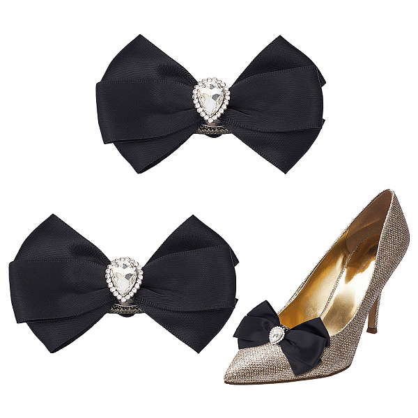 

PandaHall CHGCRAFT 2Pcs Bow Shoe Clips Detachable Bowknot Shoes Decoration with Brass Buckle Clip Polyester Rhinestone Bow Shoes Decoration..., Black