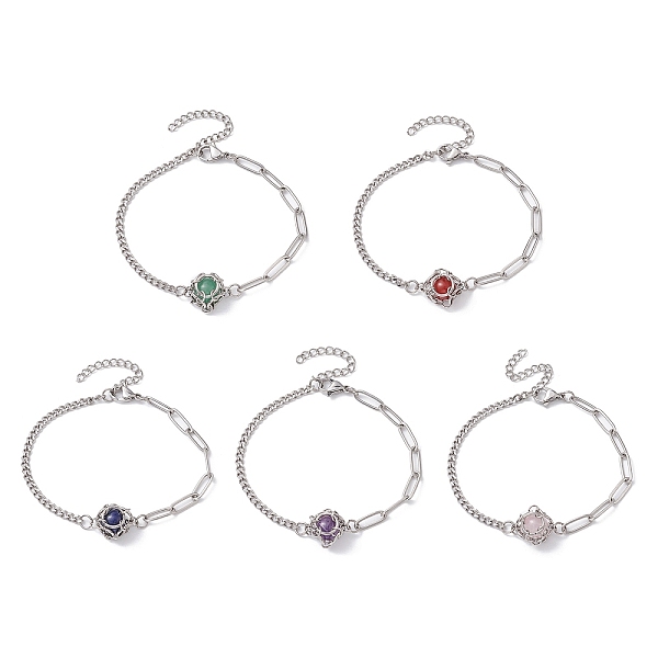 

PandaHall Natural Gemstone Round Link Bracelet, Macrame Pouch Bracelet, Stainless Steel Color, 7-1/4~7-3/8 inch(18.3~18.8cm) Mixed Stone...