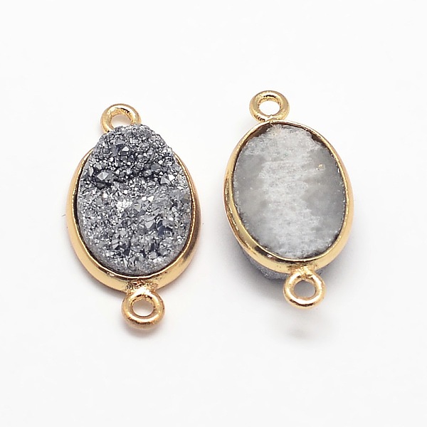 

PandaHall Electroplate Natural Druzy Crystal Links connectors, with Golden Tone Brass Findings, Oval, Dyed, Silver, 23x12x4~8mm, Hole: 2mm...
