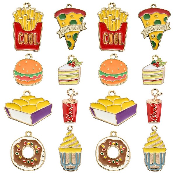 PandaHall 40Pcs 8 Styles Alloy Enamel Pendants, Golden, Hamburger & Chicken Nuggets & Cake, Mixed Color, 18~28x15~20x1~2mm, Hole: 1.8mm...