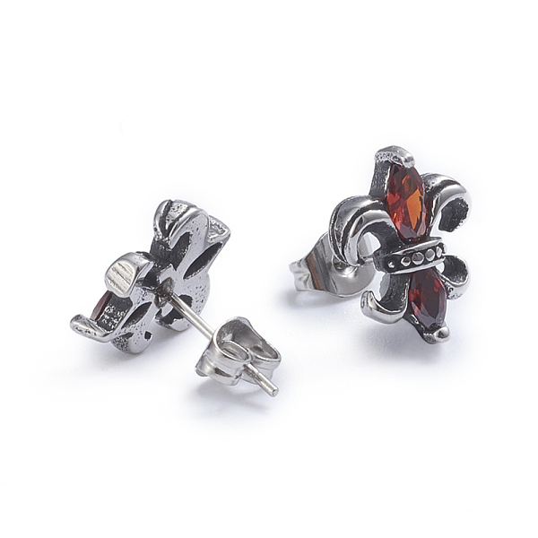 

PandaHall Retro 304 Stainless Steel Stud Earrings, with Cubic Zirconia and Ear Nuts, Fleur De Lis, Red, Antique Silver, 13x9.5mm, Pin: 0.6mm...