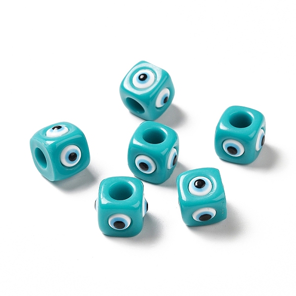 

PandaHall Resin Evil Eye European Beads, Large Hole Bead, Cube, Dark Turquoise, 12.5x14~14.5x14~14.5mm, Hole: 6mm Resin Cube
