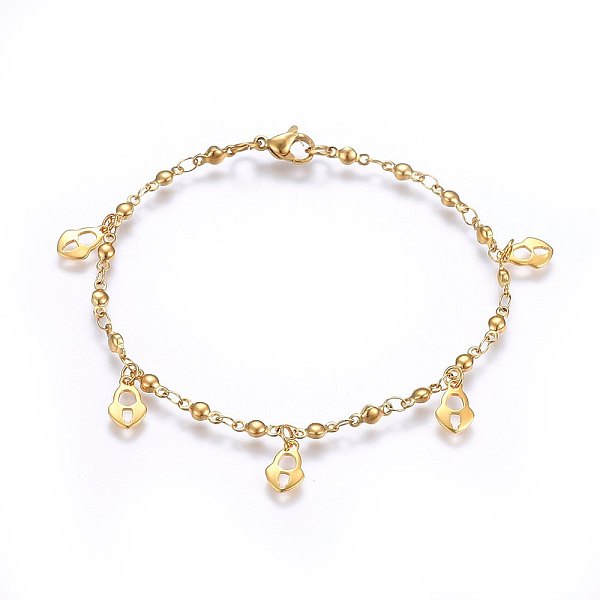

PandaHall 304 Stainless Steel Charm Bracelets, with Lobster Claw Clasps, Heart Lock, Golden, 8-1/4 inch(21cm), 3mm 304 Stainless Steel